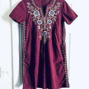 Embroidered Burgundy Dress Sz L(12) by measuring Cotton/Linen Tunic Medy